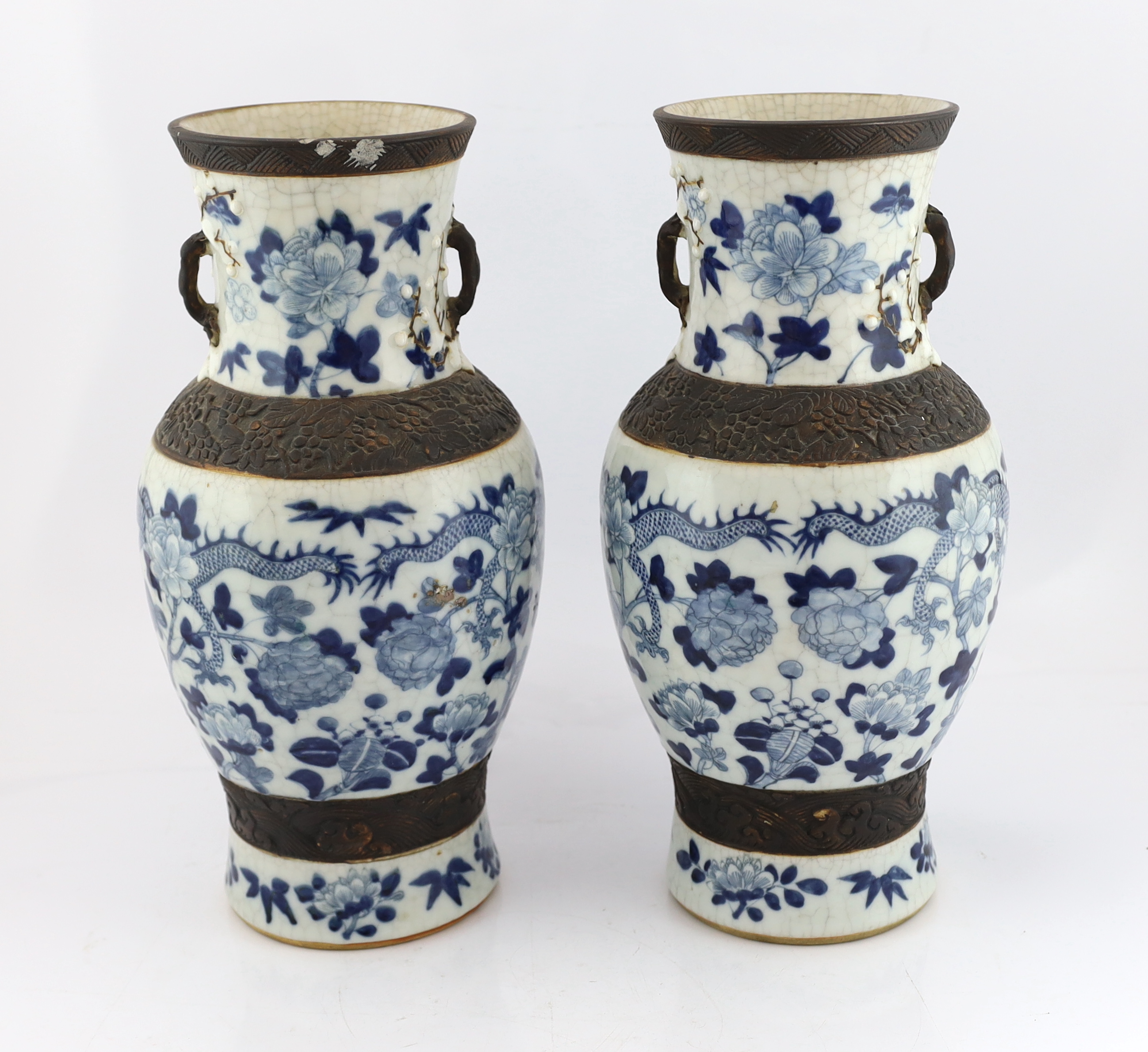 A pair of large Chinese blue and white crackle-glaze ‘dragon’ vases, early 20th century